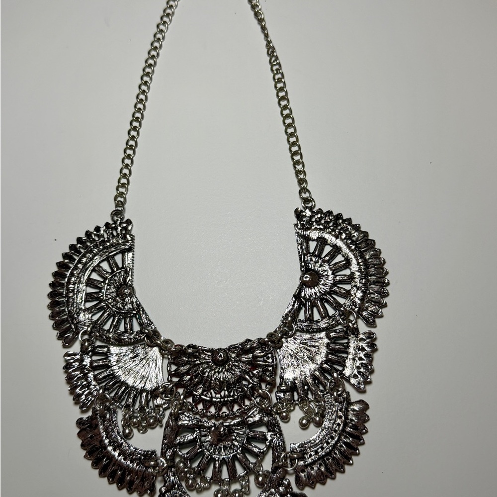 Statement Boho Tribal Bib Necklace – Turquoise & Red Beaded Silver-Tone - Picture 3 of 4